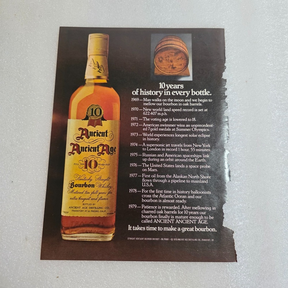 Vintage Print Ad Ancient Age Bourbon 10 Years of History color 8x10.5 1979